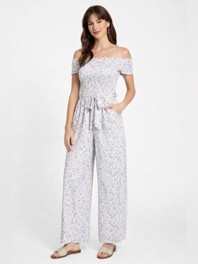 Guess Cassie Floral Jumpsuit NWT Size M Off Shoulder Wide Leg Viscose